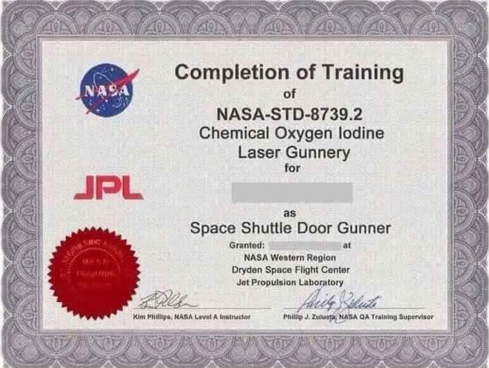 Space Shuttle Door Gunner Training Cert.png