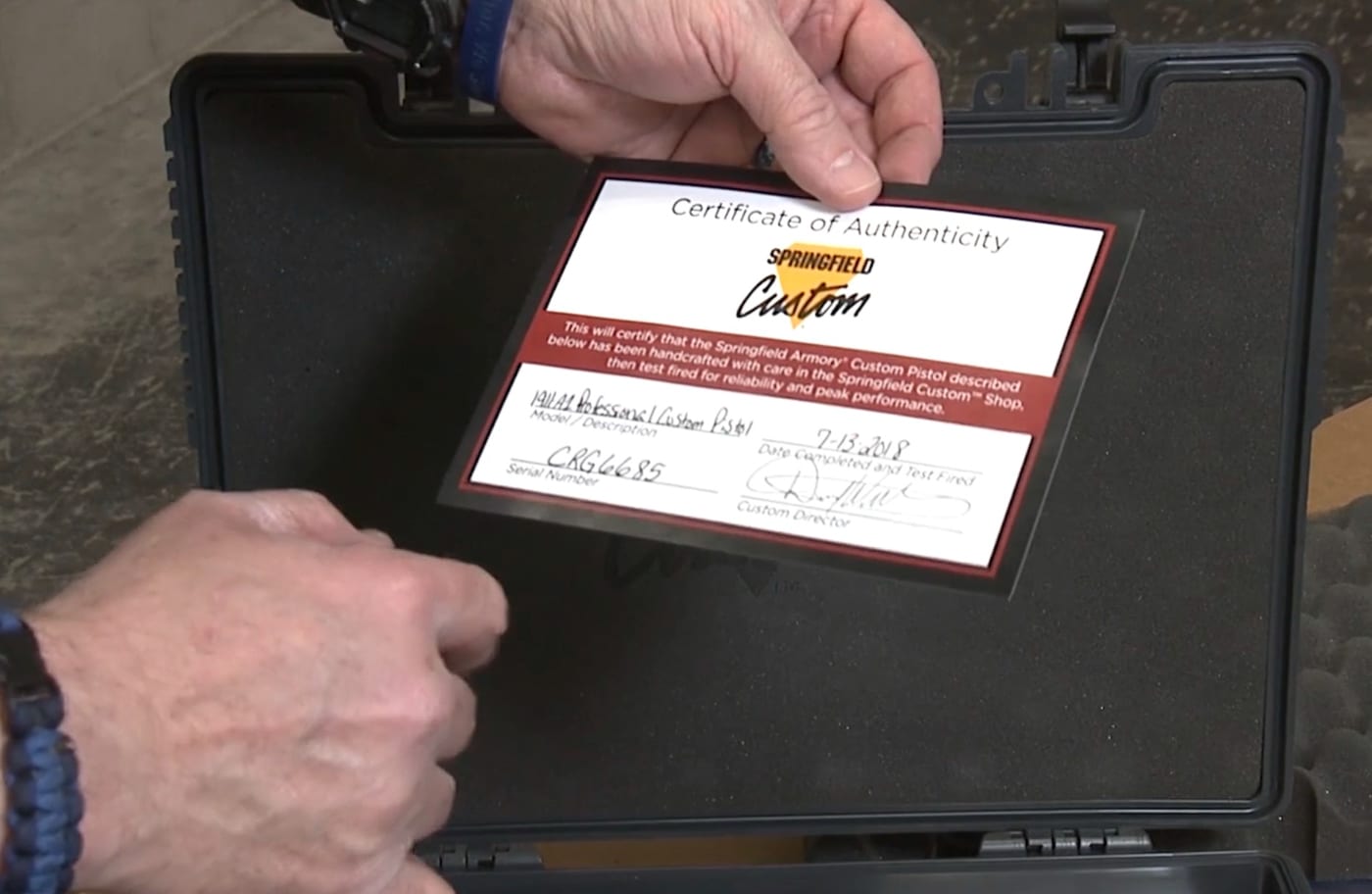 Springfield Armory Custom Shop Professional 1911 dated certificate of authenticity