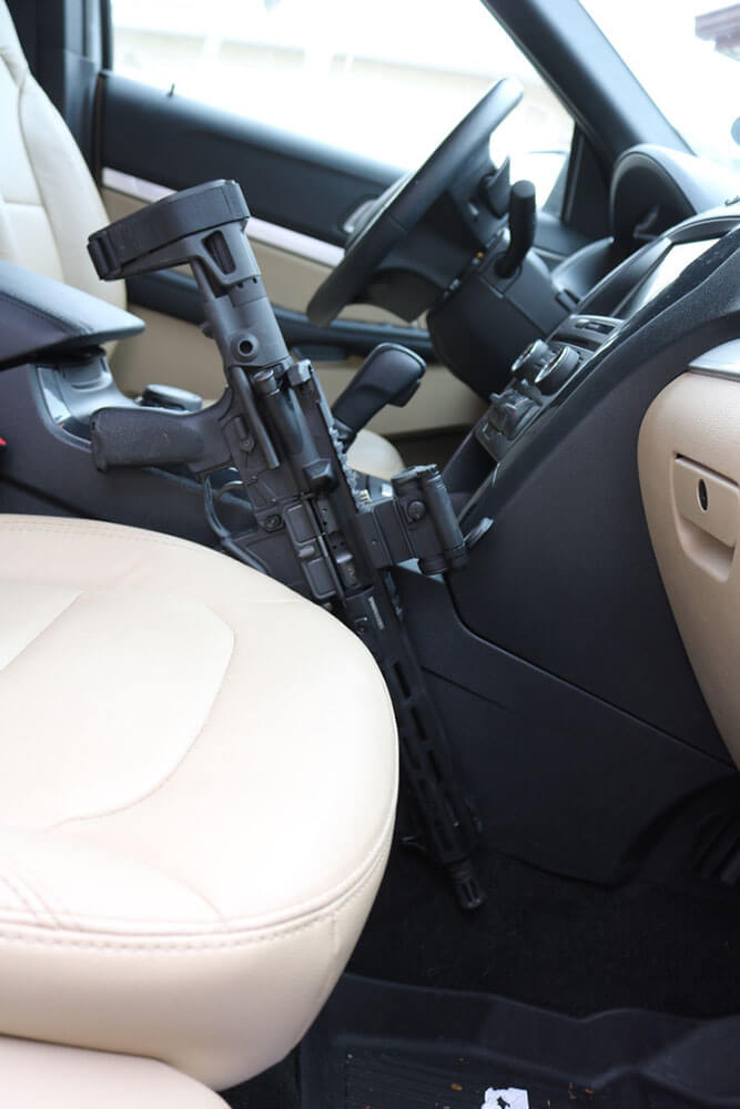 Springfield SAINT Edge pistol being tested for compactness in a vehicle