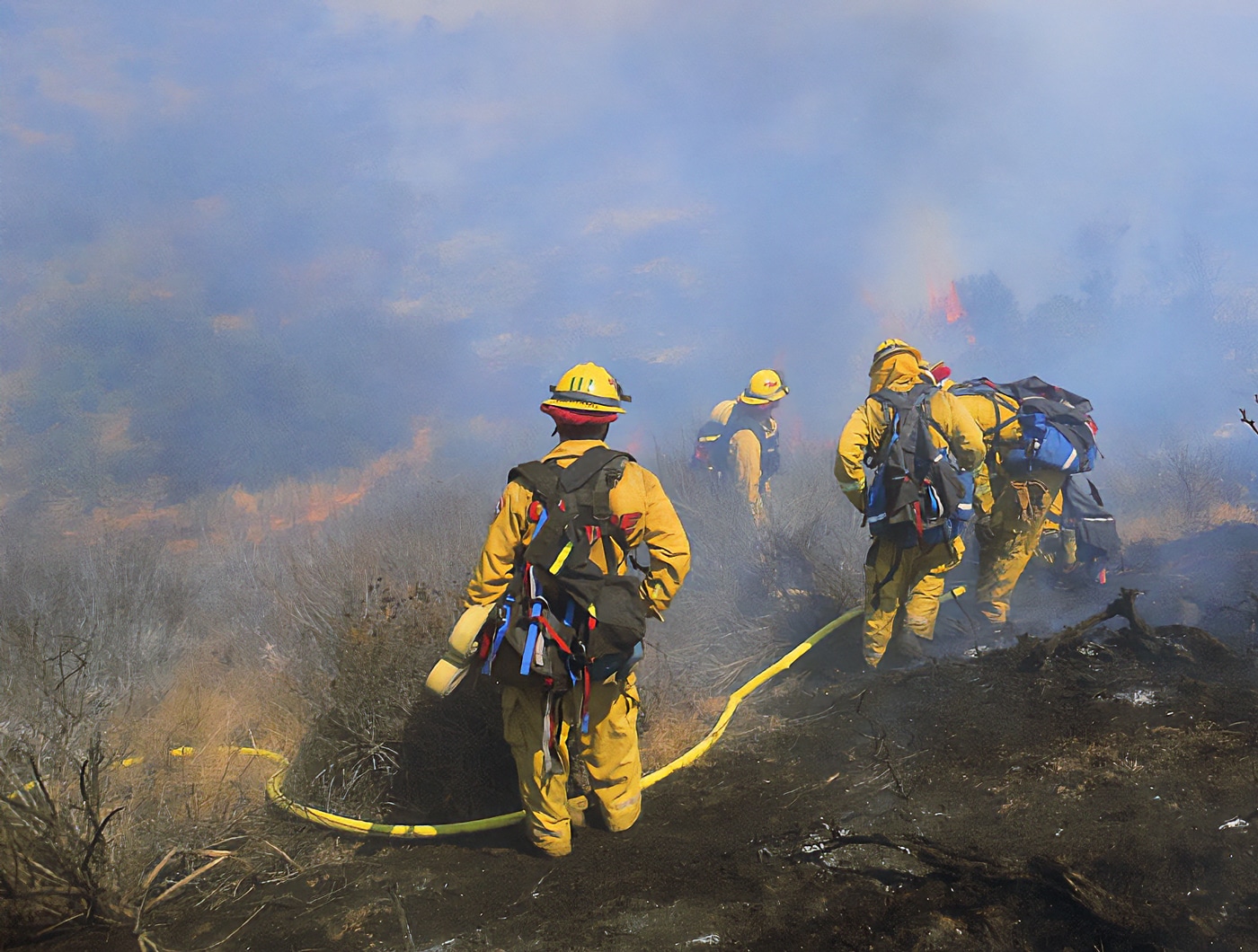 In this photograph, firefighters work to protect a California community from a wildfire. The brush fire is seen with flames licking up into the air from plants. 