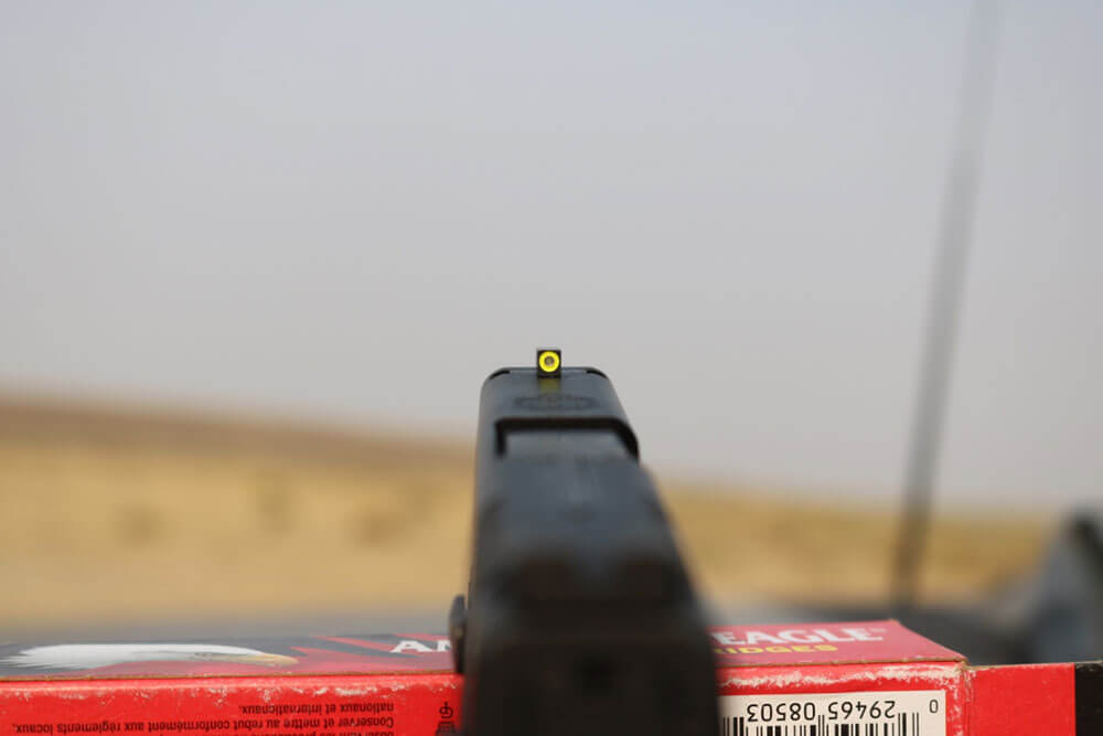 In this photo, we see the front sight on the <span class='nowrap'>XD-S</span> handgun.