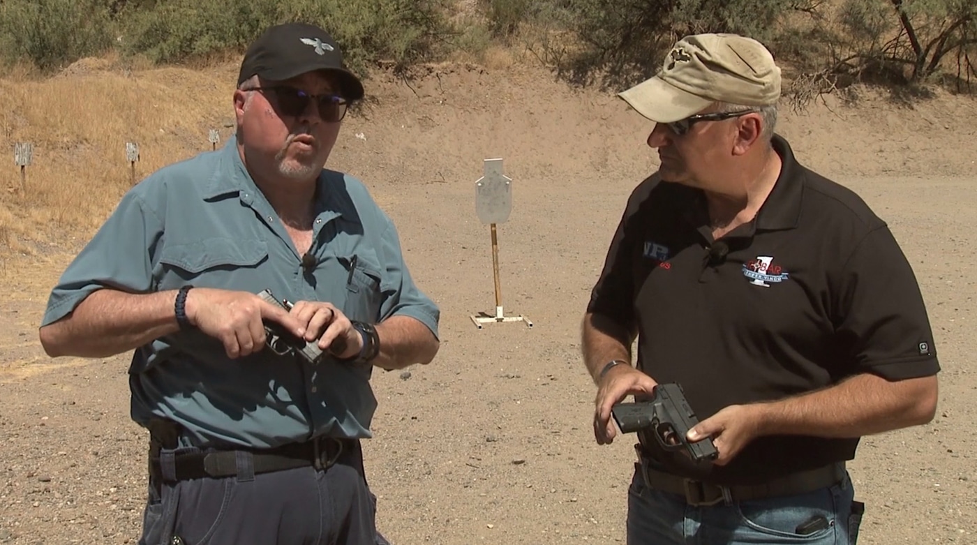 Shooter comparing two Springfield Armory concealed carry models during live-fire session outdoors. Springfield XD-S runs striker-fired mechanism. Springfield XD-E operates double-action single-action. Polymer frames lighten carry weight. CCW pistols need practical evaluation. Compact handguns serve defensive roles. Range experience informs purchasing decisions. Lightweight firearms improve carry consistency.