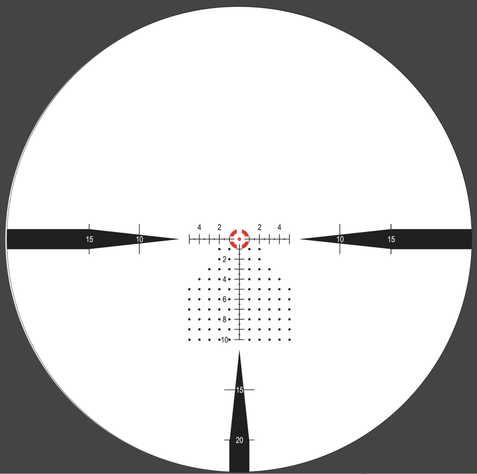 An image looking through the Nightforce ATACR 1-8x24 riflescope, revealing the intricate design of its illuminated first focal plane reticle. The Horus-inspired reticle grid displays precise milliradian increments, aiding in accurate targeting for windage and elevation corrections. The advanced ED glass ensures high clarity and minimal distortion, providing a bright and sharp view of the target. The reticle remains consistent across all magnification levels, making the scope ideal for varied applications, including military optics, competition shooting, and hunting. The visible cardinal points on the reticle assist in rapid target acquisition and precise adjustments. This view underscores the scope’s capabilities as part of the ATACR series, designed for demanding tactical and precision shooting scenarios. This article is a review.