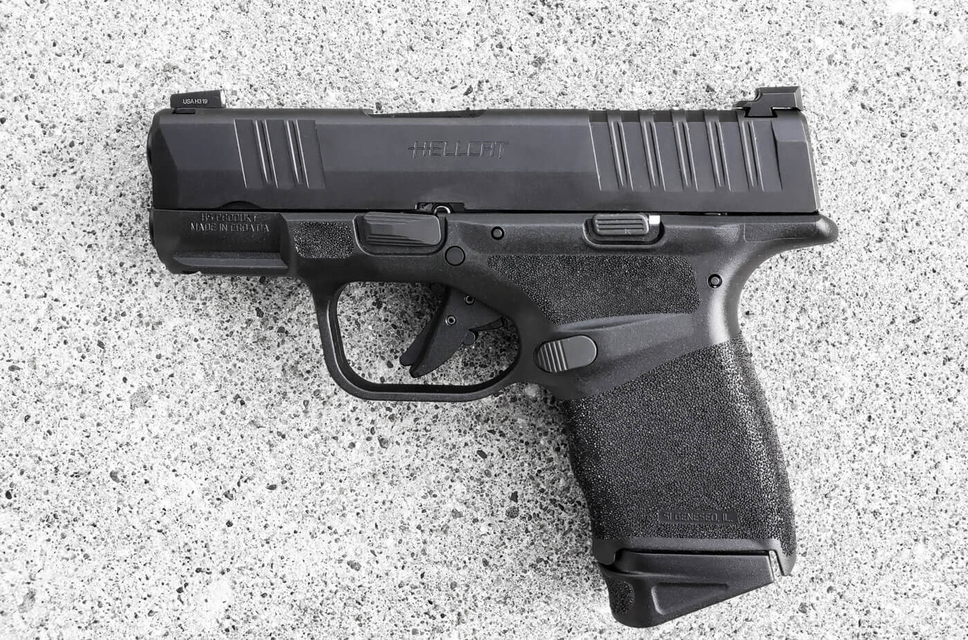 In this image, we get a side view of the Hellcat's U-Dot sight set as it comes from the company. Students for concealed carry around the country understand what a great gun this is and how these night sights for Springfield Armory are a real game changer.