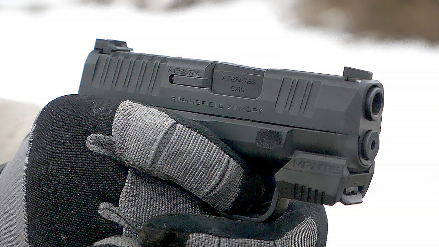 Hellcat being shot with Mantis X unit attached to the accessory rail Close up of the side of the Hellcat being shot with Mantis X unit attached to the accessory rail. The Hellcat is chambered for the 9x19mm Parabellum cartridge. The Mantis X3 works well with other pistol cartridges like the .40 S&W .357 SIG .38 Special 10mm Auto and .45 ACP
