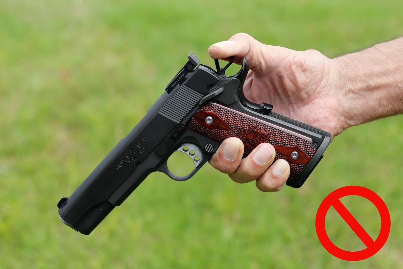 In this image, Ayoob demonstrates why you should never carry in Condition 2. Shooting a 1911 is a relatively easy skill to learn. However, it is important that you learn how to use a 1911 in a safe manner.