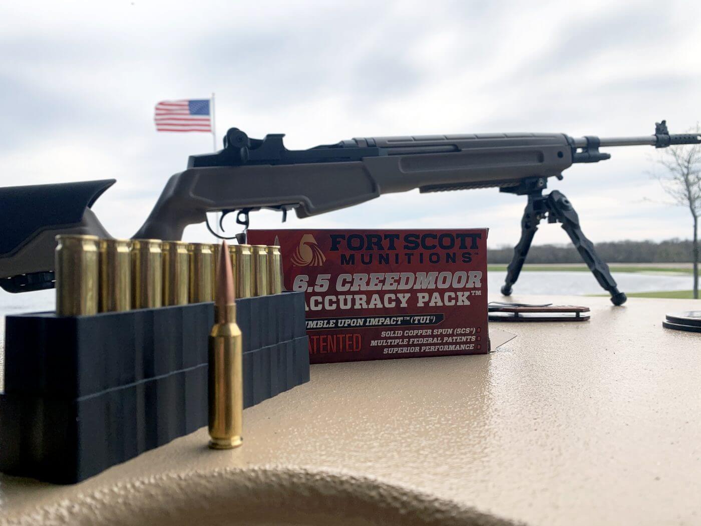 ammunition used for accuracy testing In this photograph, the writer shows you the ammunition he used during the accuracy testing. It was a round loaded by Fort Scott Munitions that uses a solid copper bullet with a long ogive and full metal jacket.
