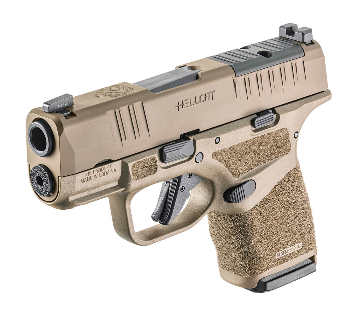 A forward angle view of the Hellcat pistol in FDE