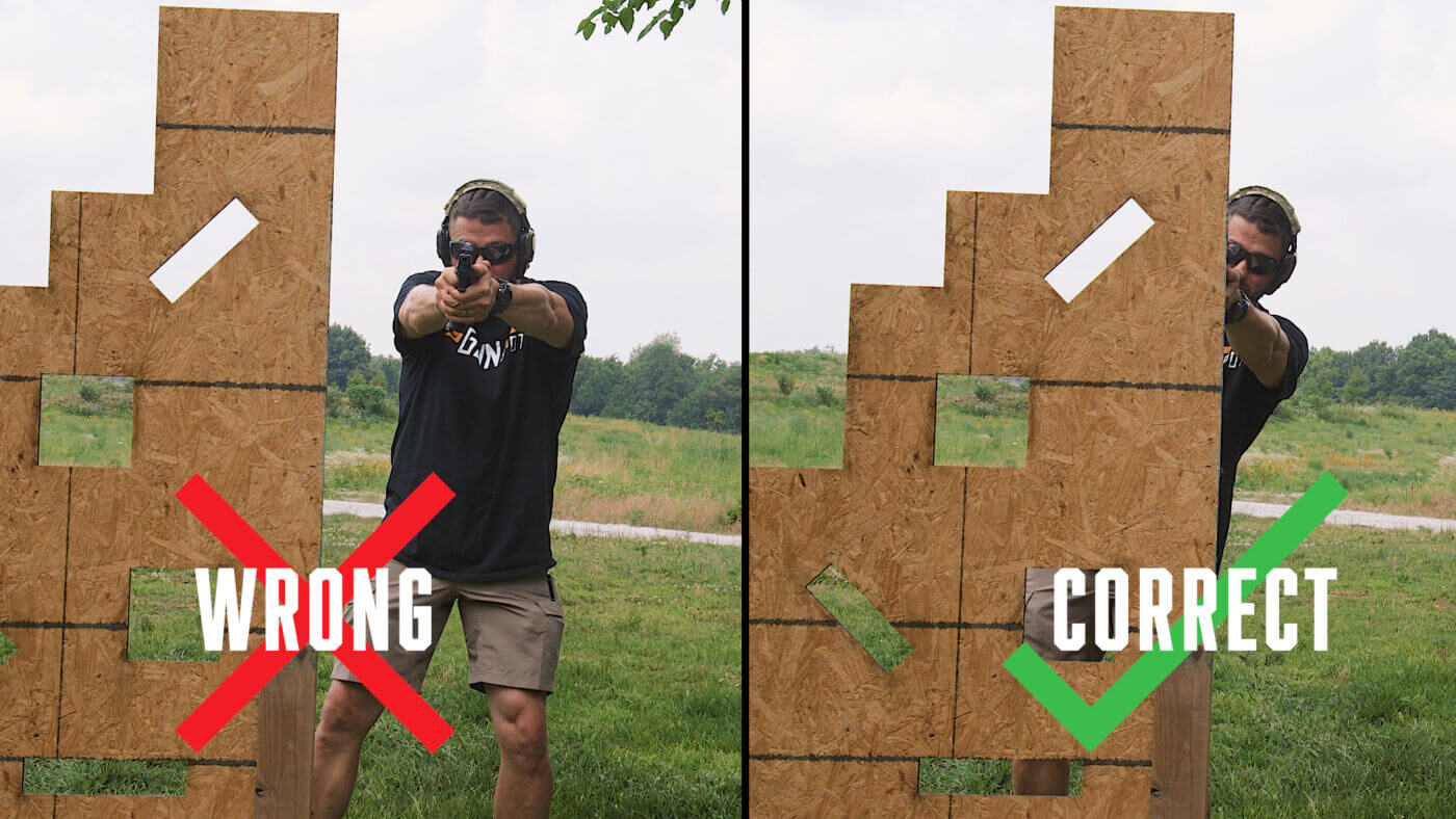 In this photo, the author demonstrates the correct and incorrect way of using cover. Make sure you get your body behind cover and only expose the minimum amount of your body needed to accurately return fire.