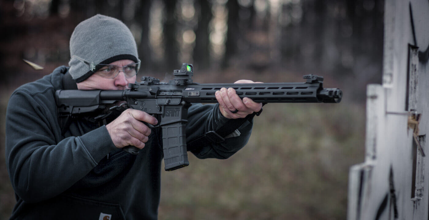 Shown is the author shooting his AR-15 on the range. While many firearms can be used effectively with a 36-yard-zero setup, rifles such as those in Springfield Armory's M1A series or their Saint AR-15 series have been noted by shooters for their accuracy and consistency over various distances when properly sighted-in.