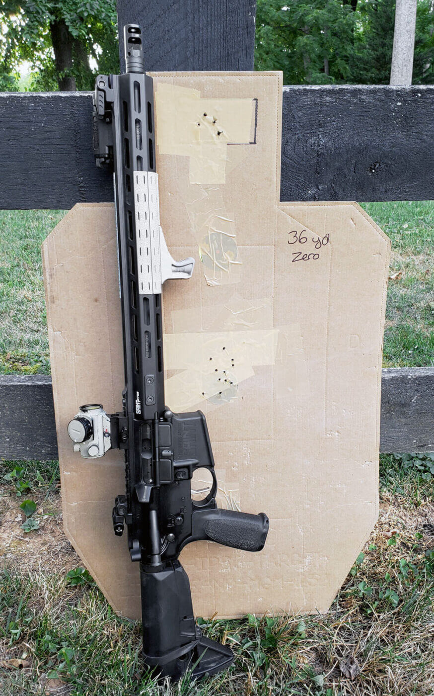 For a combat marksman, this gun is shown sighted in at 36yd. The picture shows how the author, Ian Kenney, was able to put projectiles into center of mass with relative ease. The barrel combined with the recoil operates well in this caliber to punch holes in paper or when hunting. It works well regardless of the rifle or brand: Trijicon, EOTech, Hornady, etc.