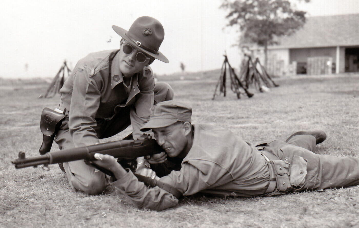 A Marine recruit receives instruction on the M1 rifle at Parris Island duri...