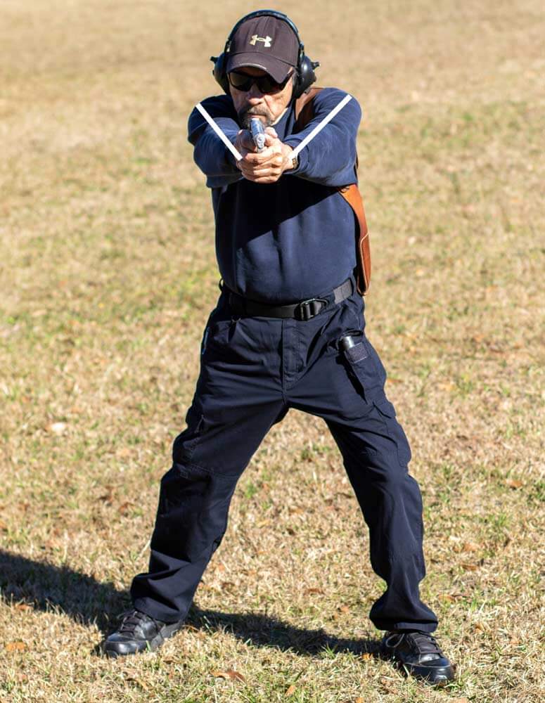 Massad Ayoob demonstrates the isosceles shooting stance