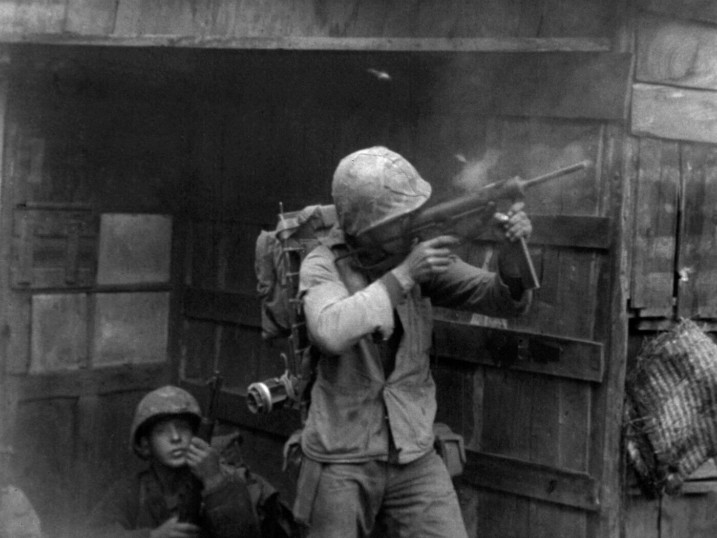 A Marine engages communist snipers during the Battle of Seoul during September 1950.