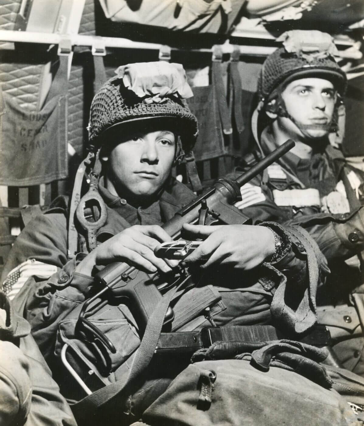 M3 submachine gun handled by paratrooper en route to Normandy, June 1944