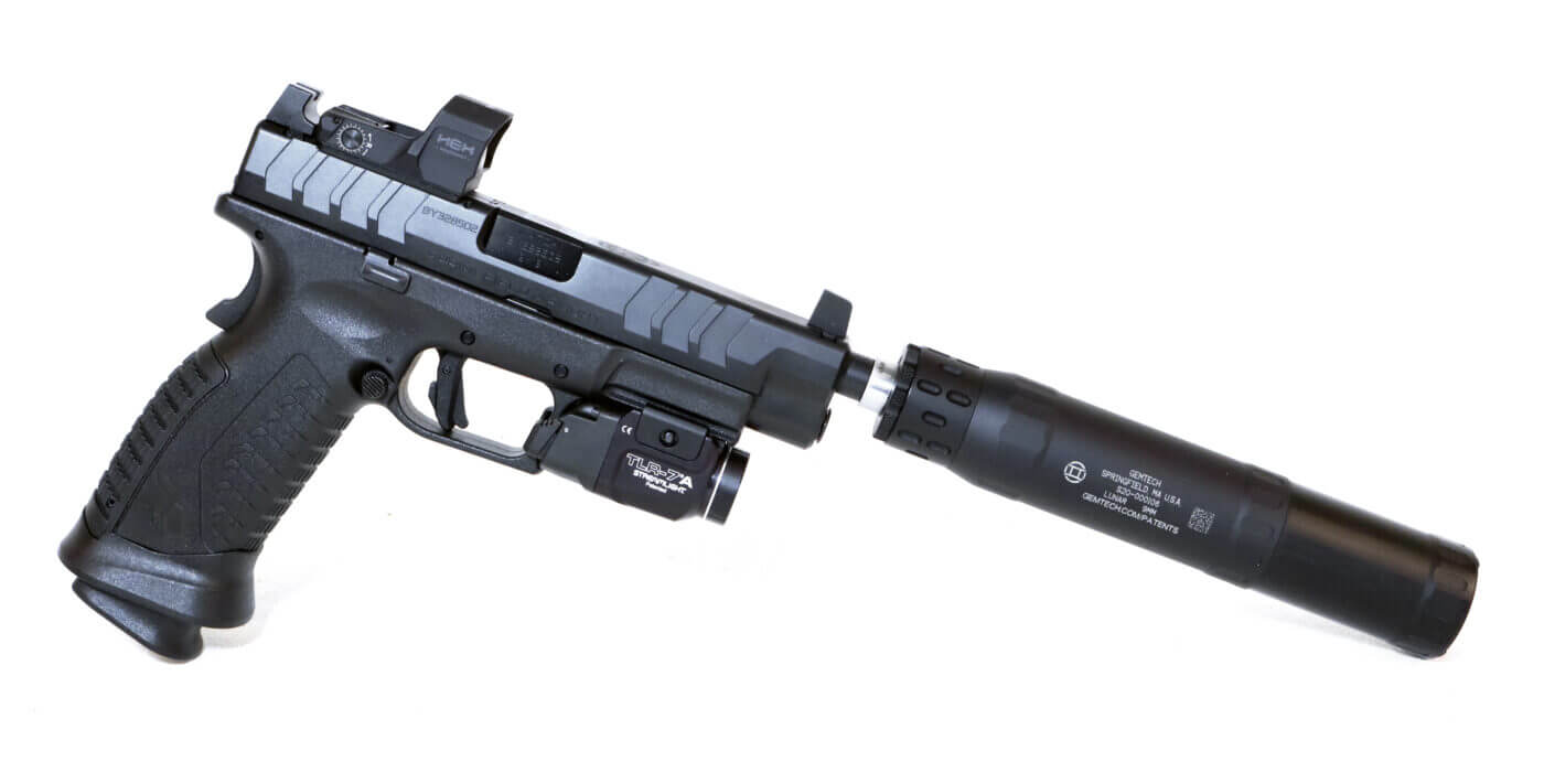 Hellcat pistol with suppressor