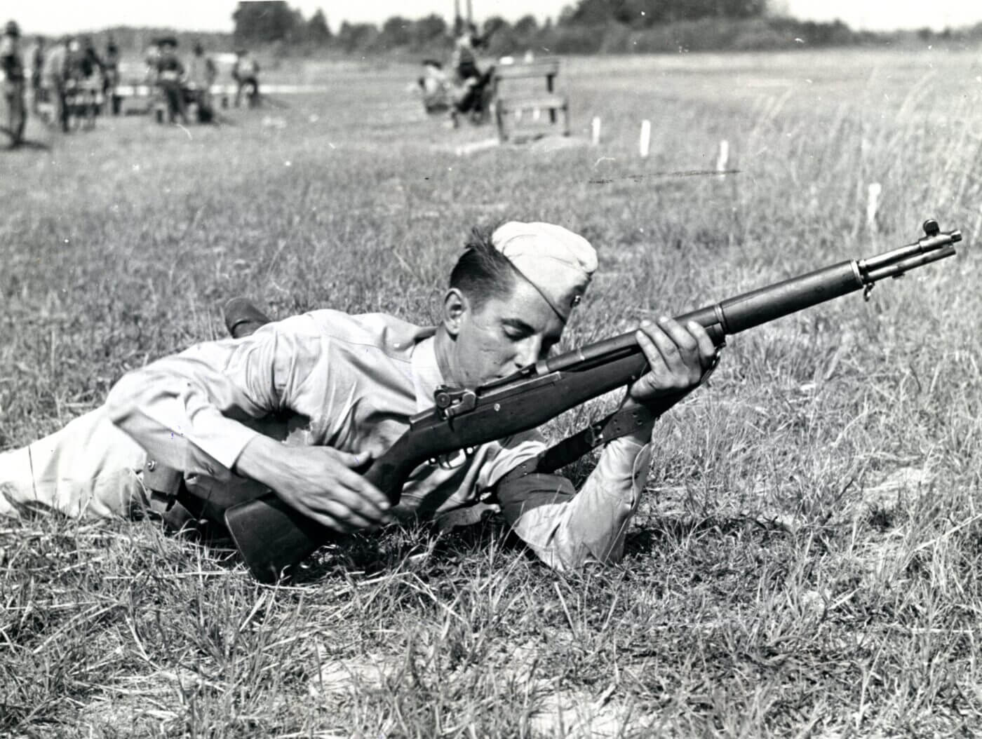 Soldier learning to use M1 Garand gas trap model