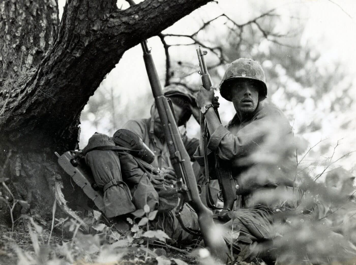 Korean War USMC soldier on hillside with M1 Garand