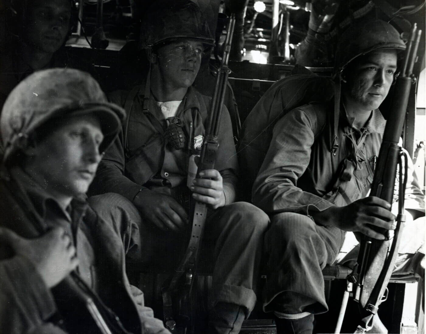 Marines in Helicopter with M1 Garand rifle in Korean War