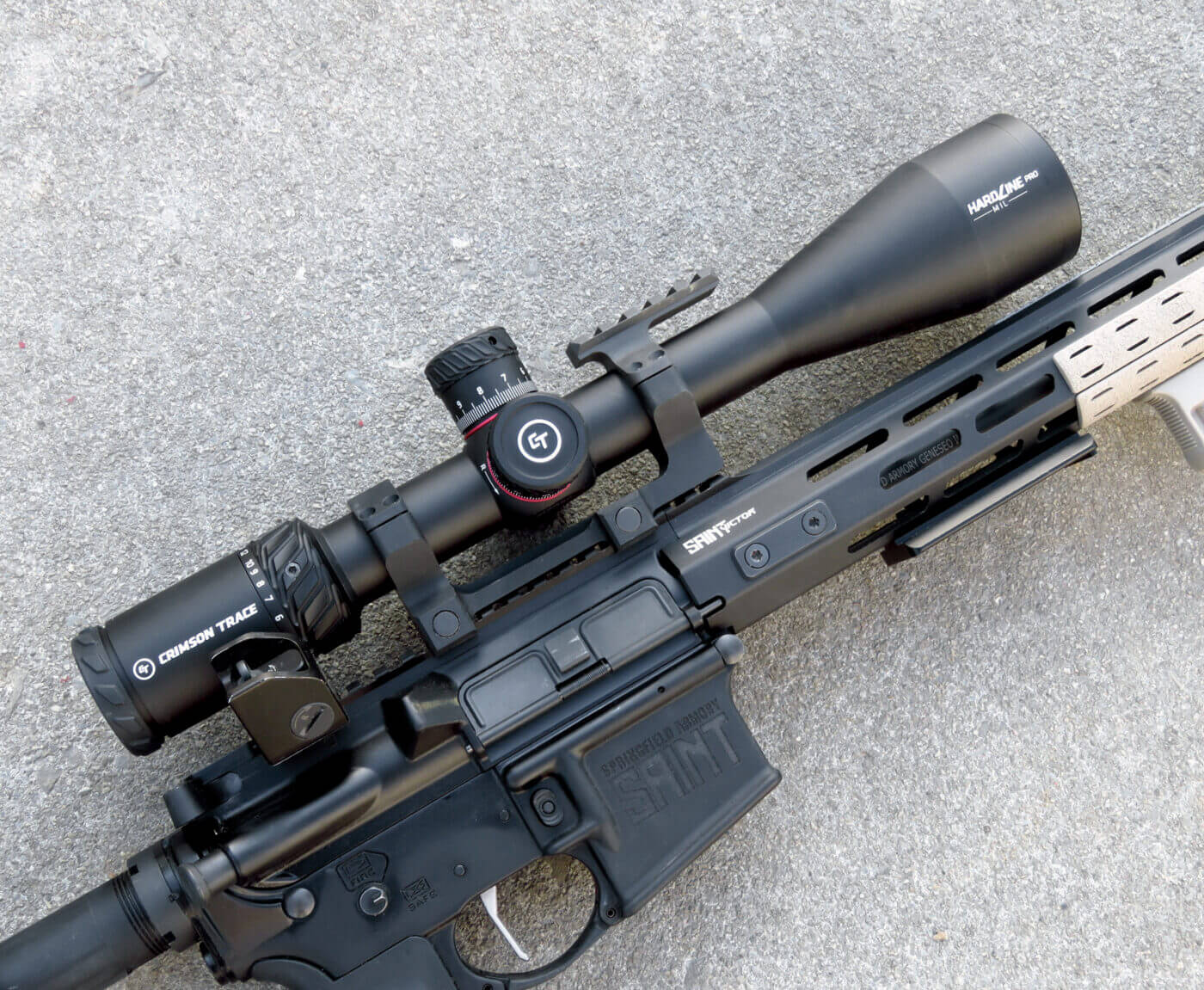 Right side profile of Crimson Trace Hardline Pro scope on SAINT rifle