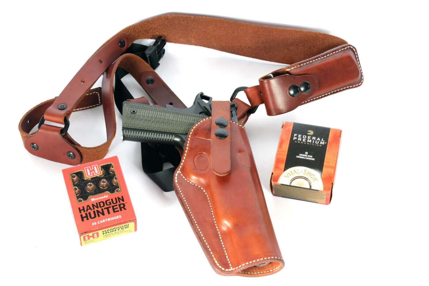 1911 pistol inside a Guide’s Choice chest holster by Diamond D Custom Leather
