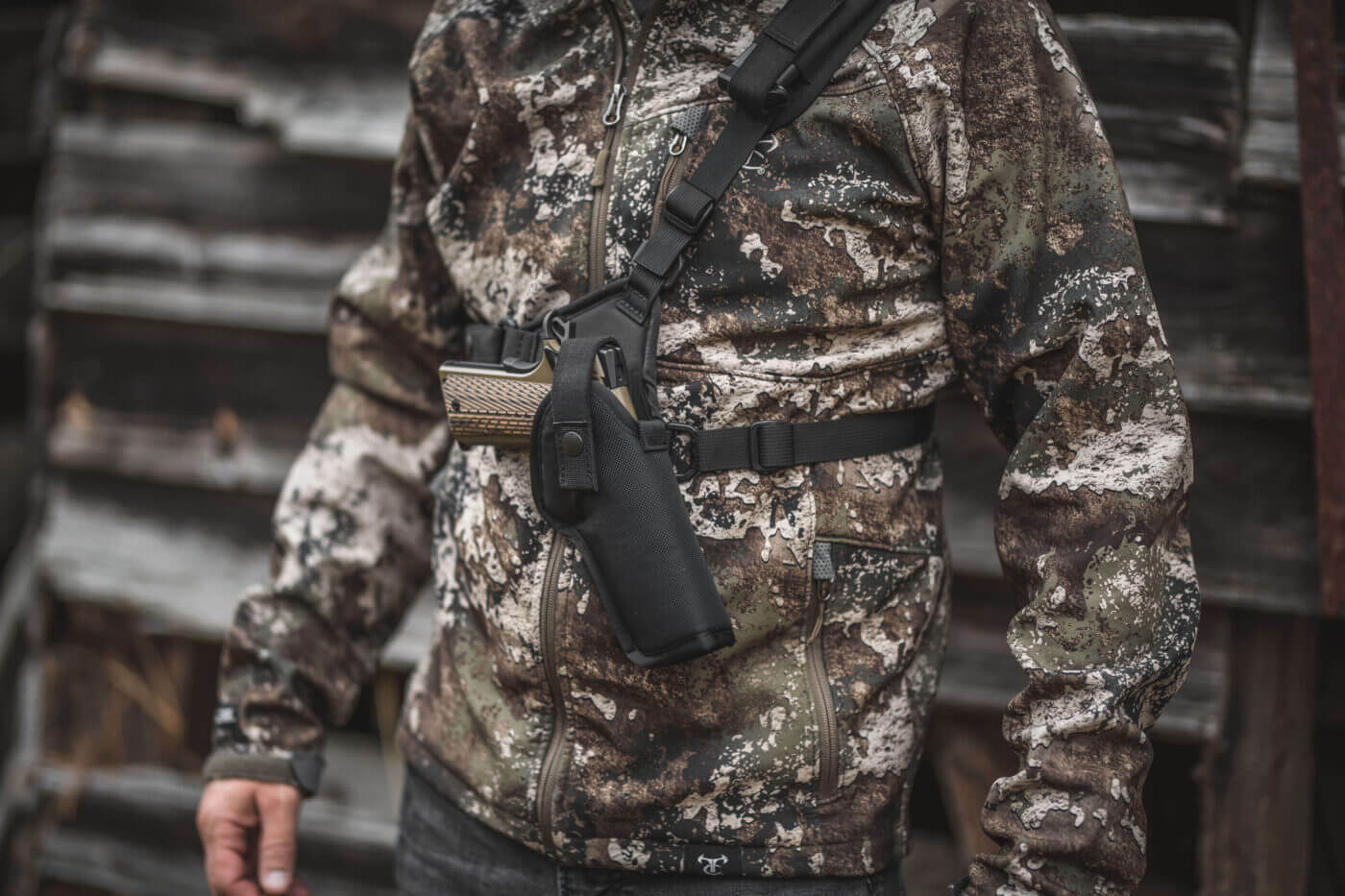 Man wearing Denali Chest Holster by Diamond D Outdoors