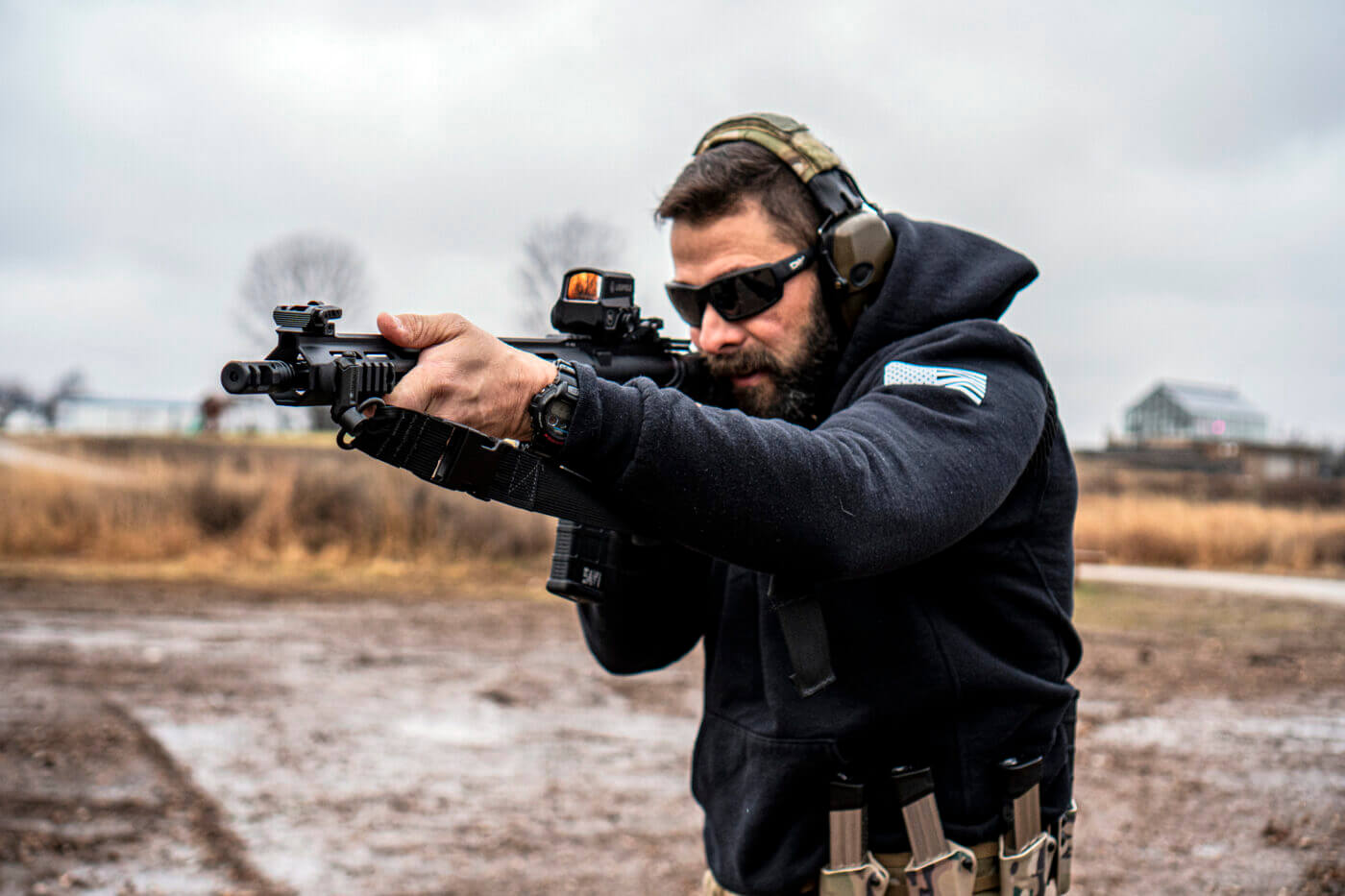 Armageddon Gear Heavy Carbine Sling being used by a man shooting a rifle