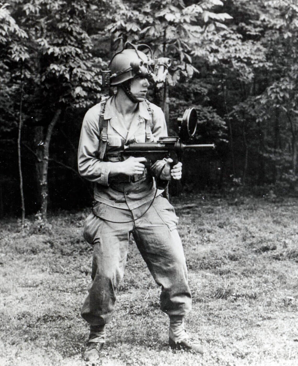 M3 SMG Sniperscope held by solider at Fort Belvoir, VA in November 1946