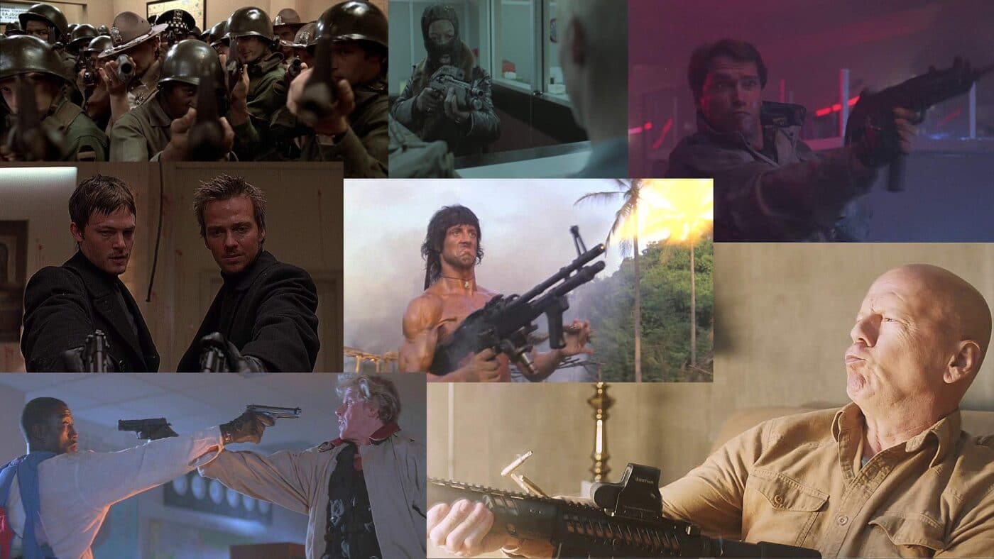 Collage of movie stills from movies with the worst gun mistakes