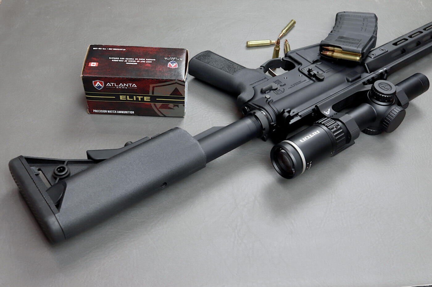 Atlanta Arms ammo with SAINT Victor rifle with Riton scope mounted