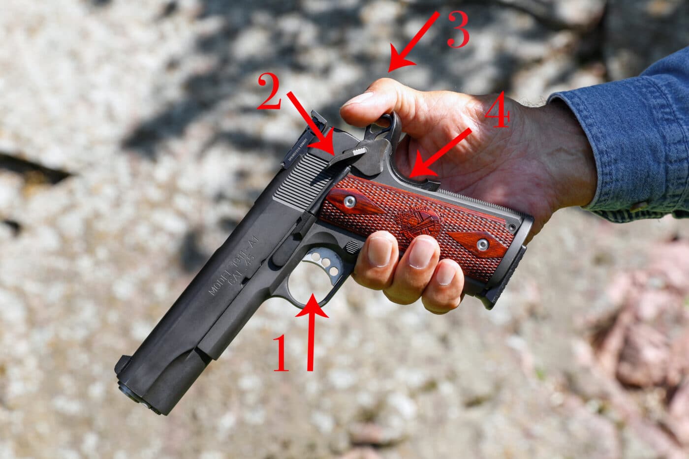 Ayoob demonstrating how to safely holster a 1911