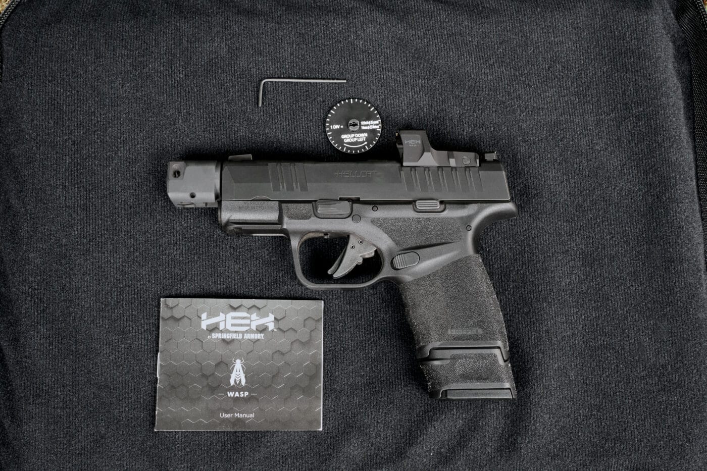 HEX Wasp micro red dot sight on Hellcat RDP pistol with tools to mount it