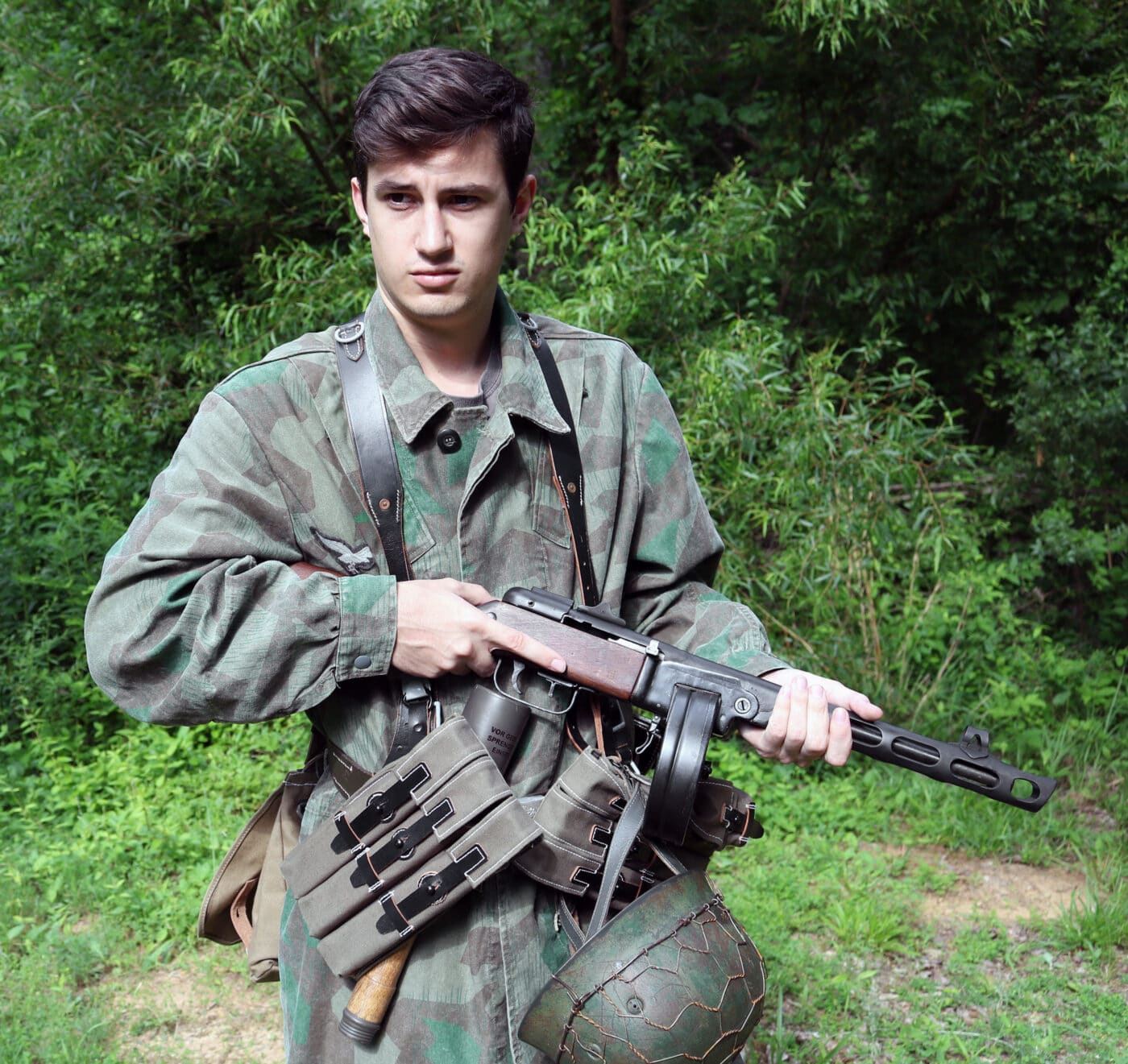 German reenactor with Russian PPSh SMG