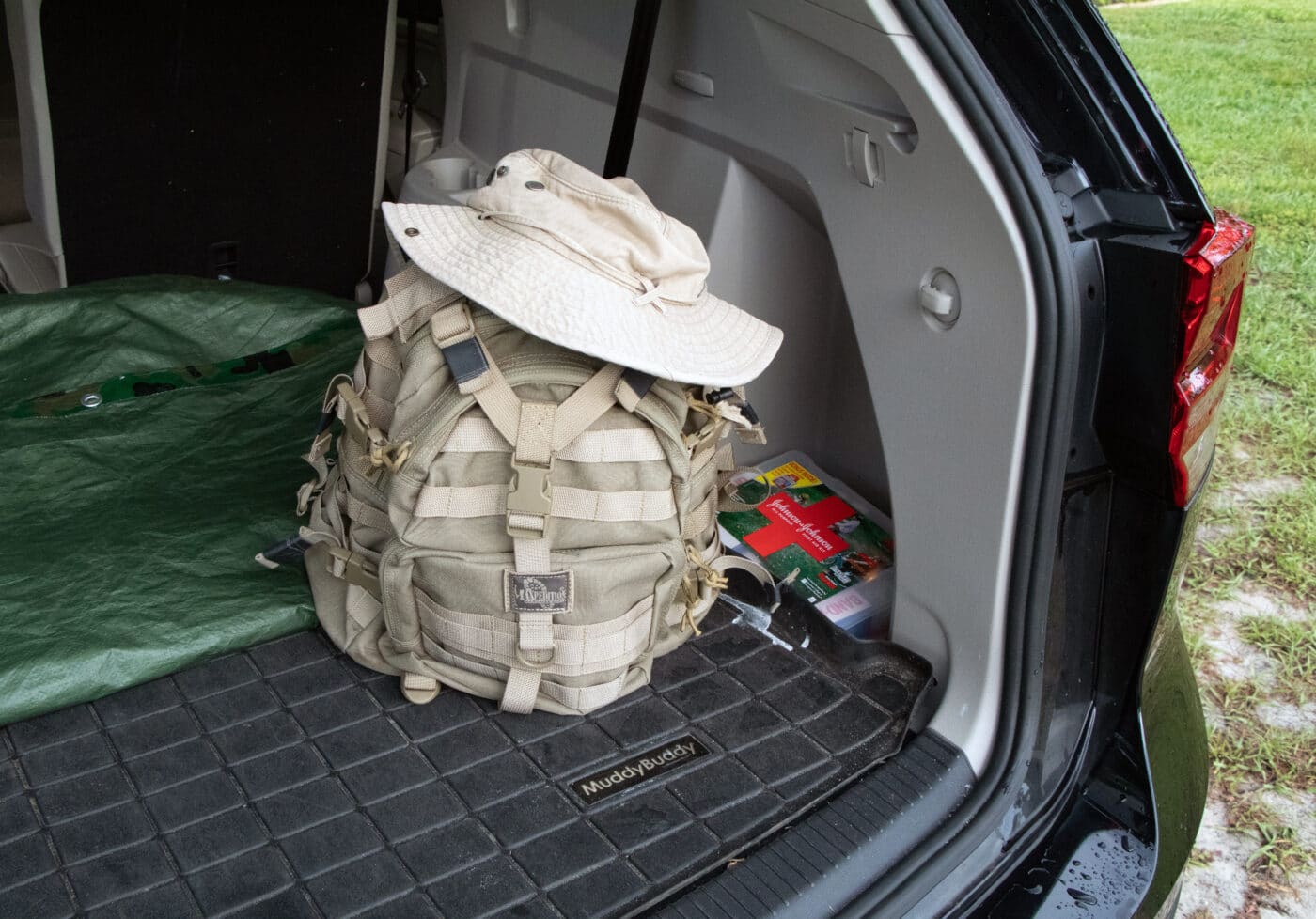 Get home bag shown in back of vehicle