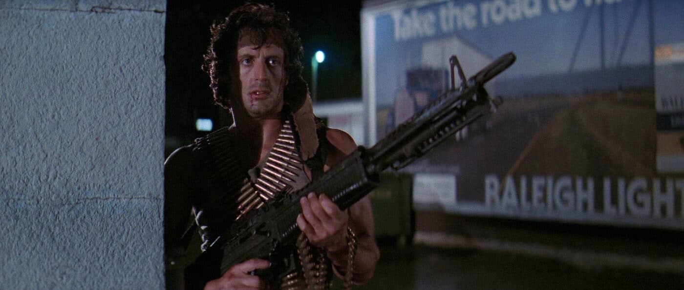 Sylvester Stallone carries an M60 while portraying the character John Rambo in First Blood