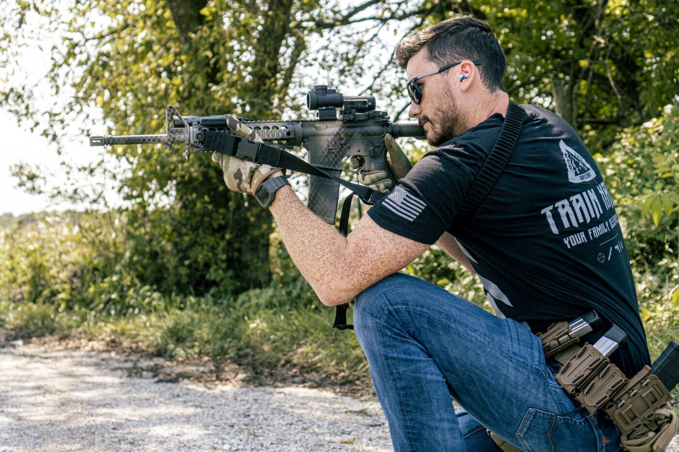 Man demonstrating stability when shooting using a two-point sling