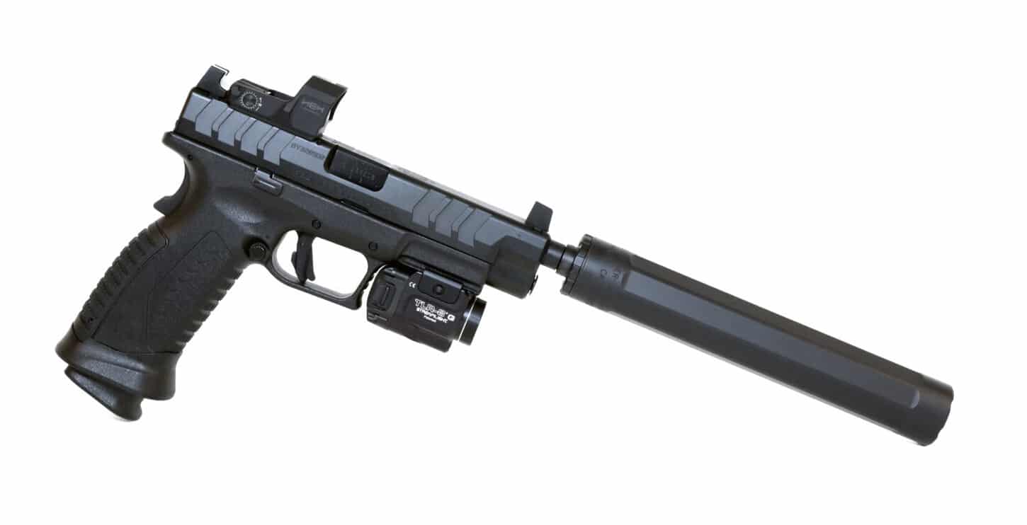 Suppressor mounted on a Springfield XD-M Elite OSP pistol