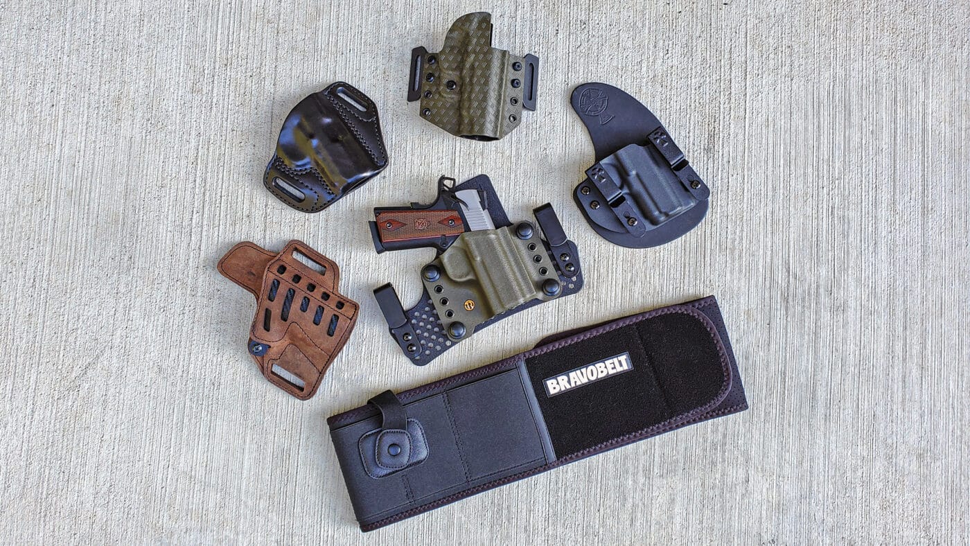 Various holsters for a Springfield Armory EMP 1911 pistol