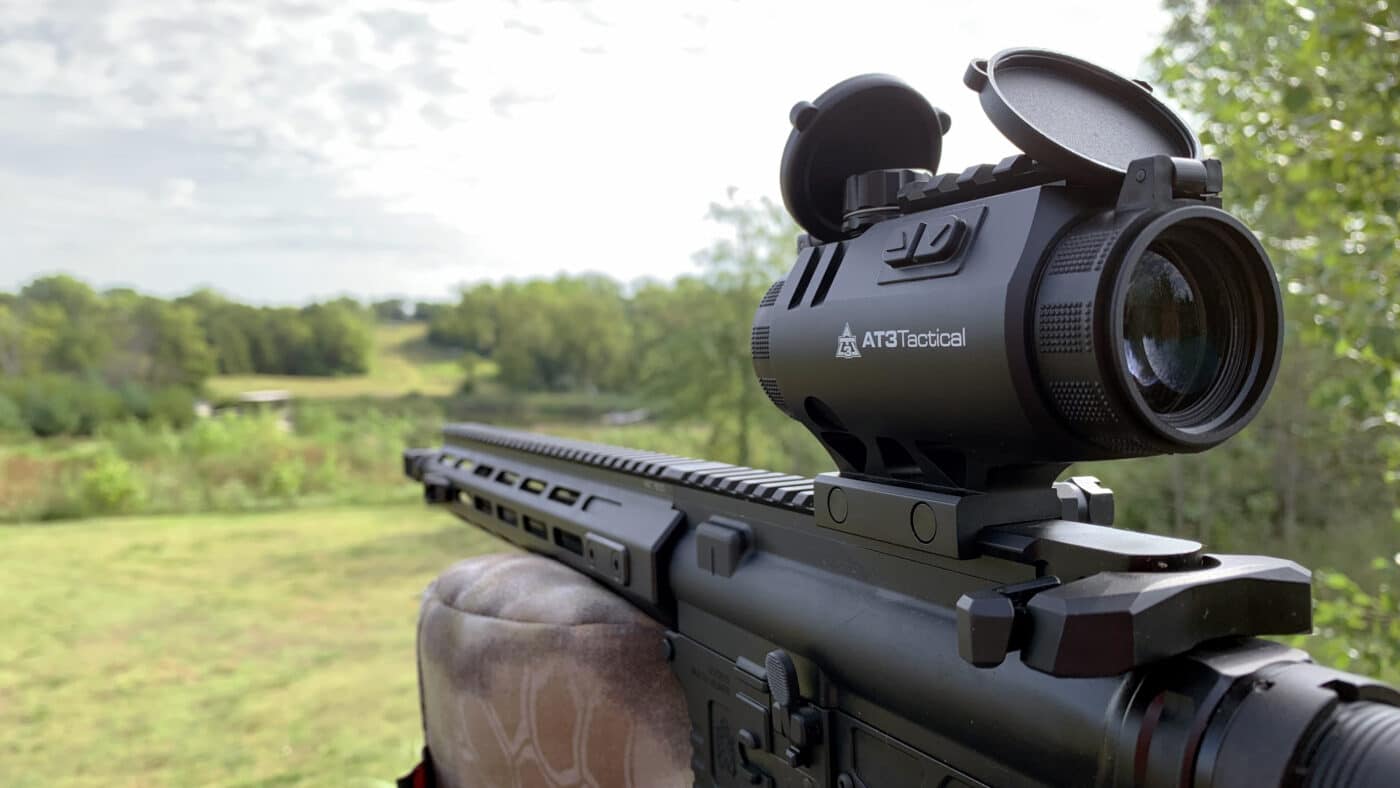 AT3 Tactical 3X Prism Scope mounted on SAINT rifle