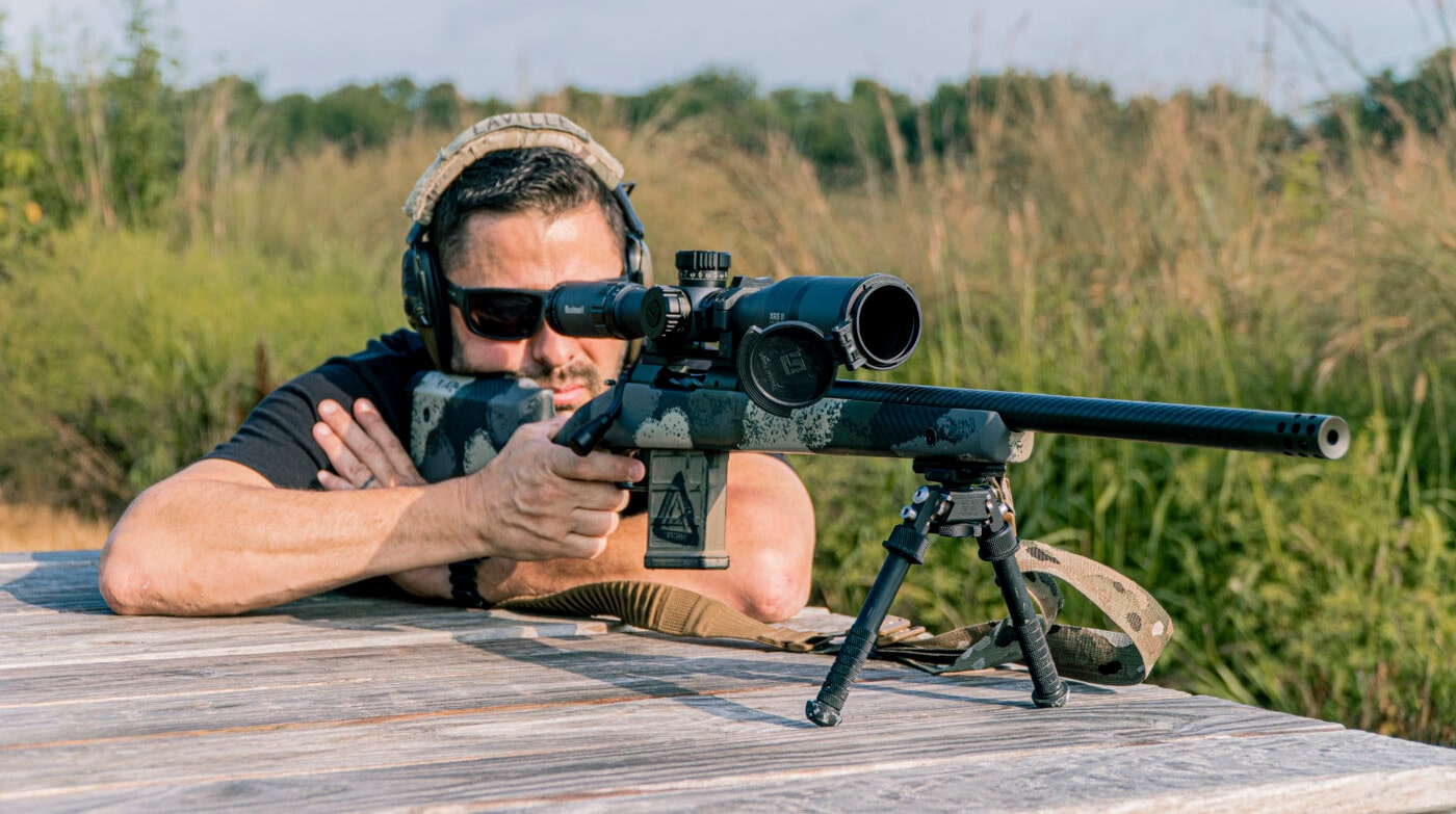 Man shooting a .308 WIN rifle with bipod