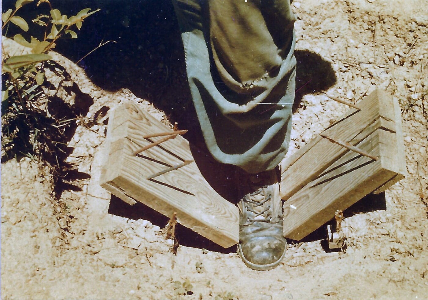 A Viet Cong foot trap demonstrated by a US Marine