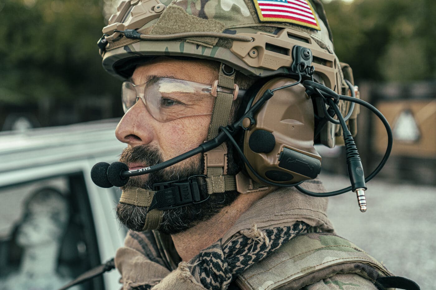 Soldier wearing above the ear cut helmet