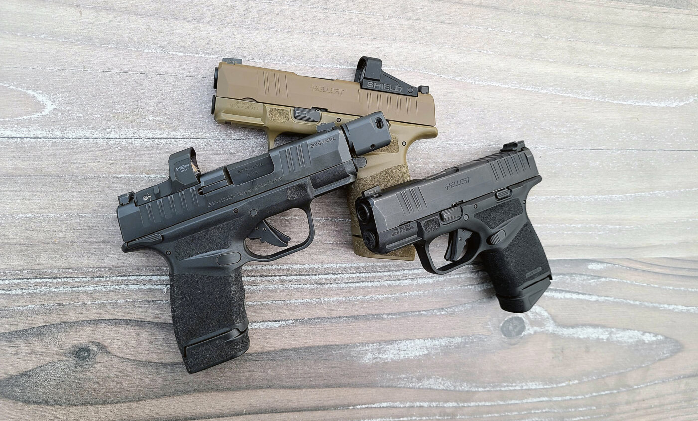 Three Springfield Armory Hellcat pistols