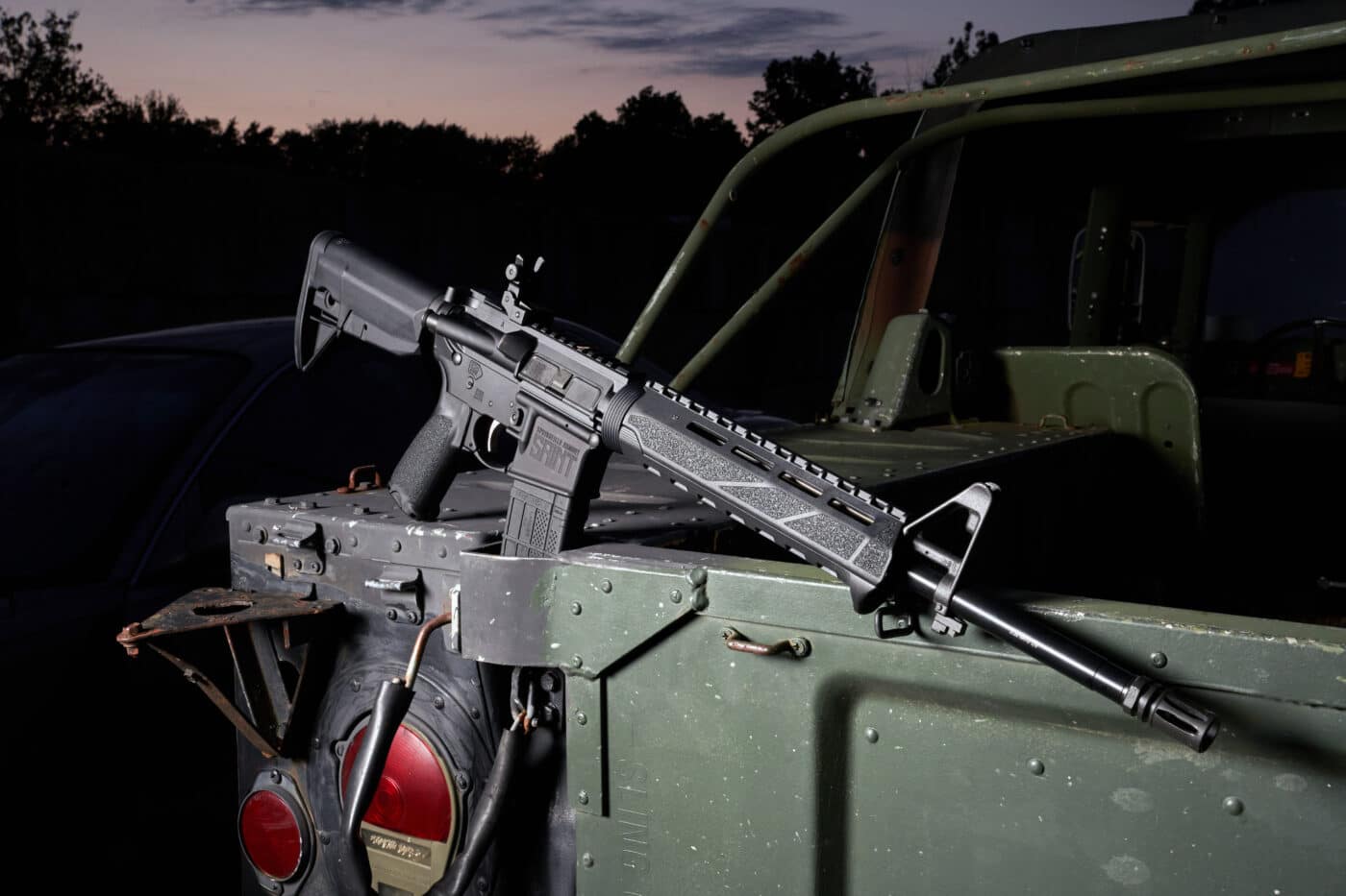 SAINT M-LOK rifle on back of jeep