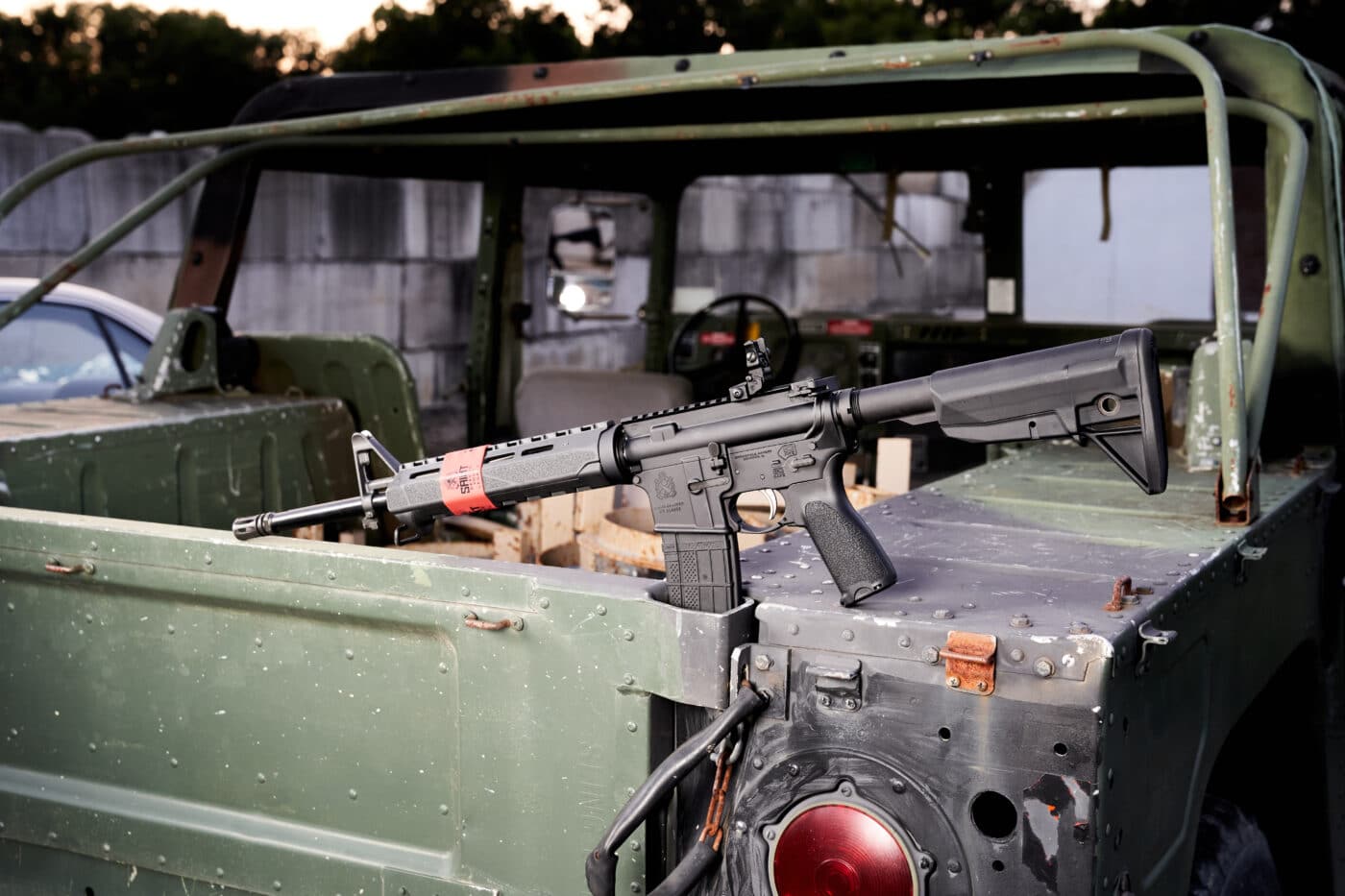 SAINT rifle on back of jeep