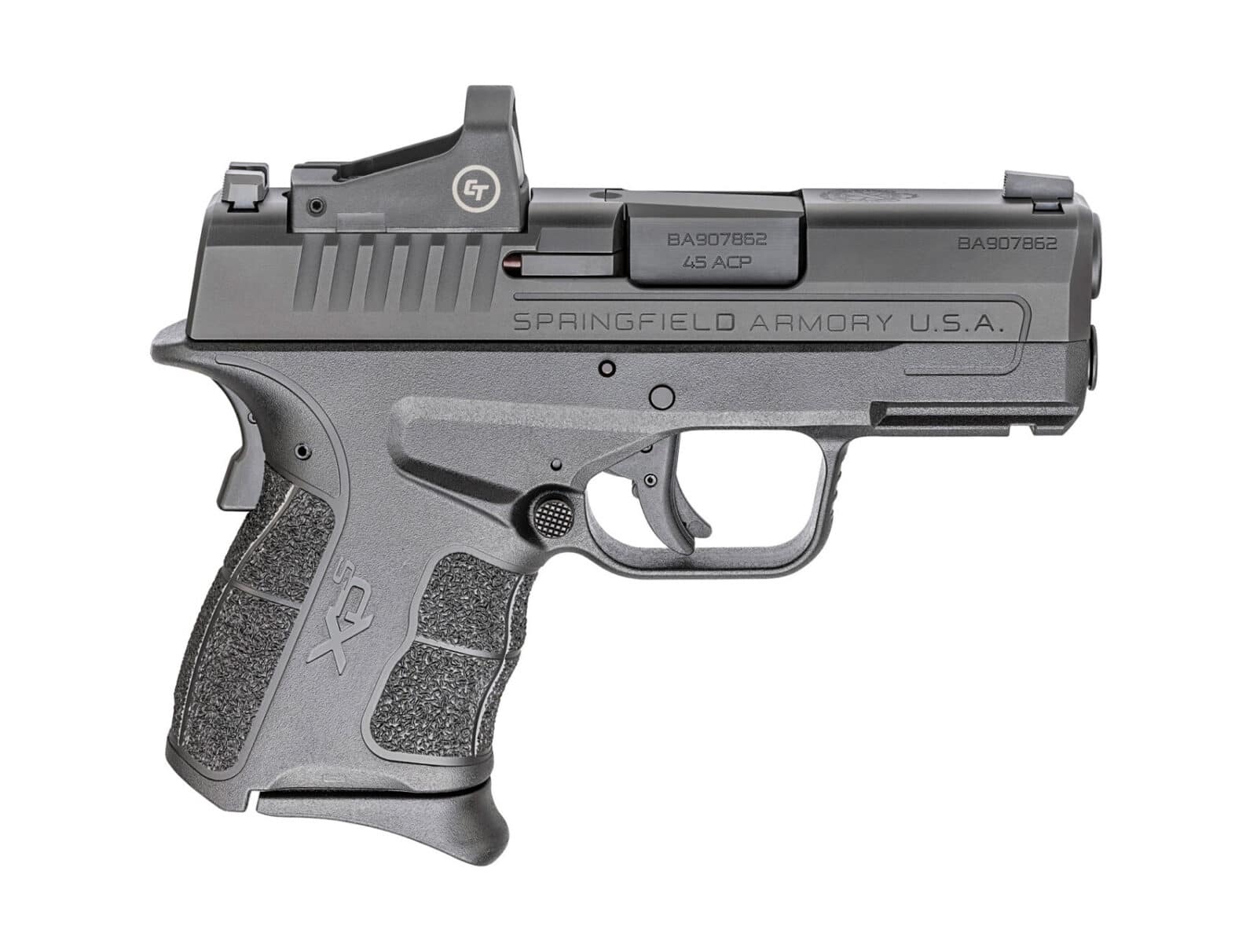 Side view of the XD-S Mod.2 .45 ACP with a Crimson Trace red dot sight