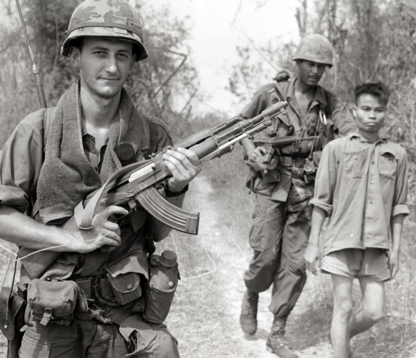 Captured Type 56 rifle in the hands of soldier during Vietnam war