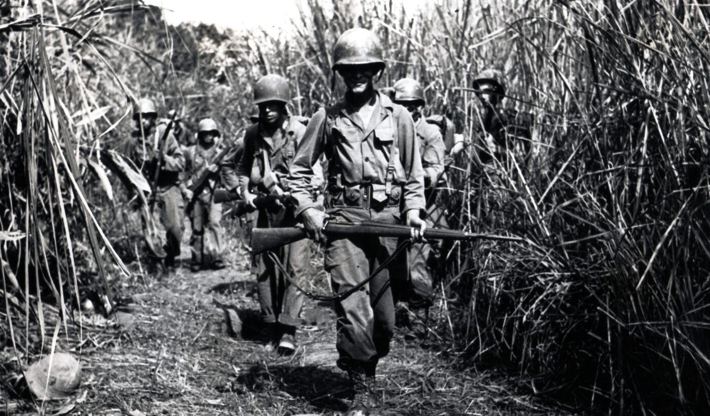 Soldiers on patrol in Burma with M1903A3 with M1 grenade launcher