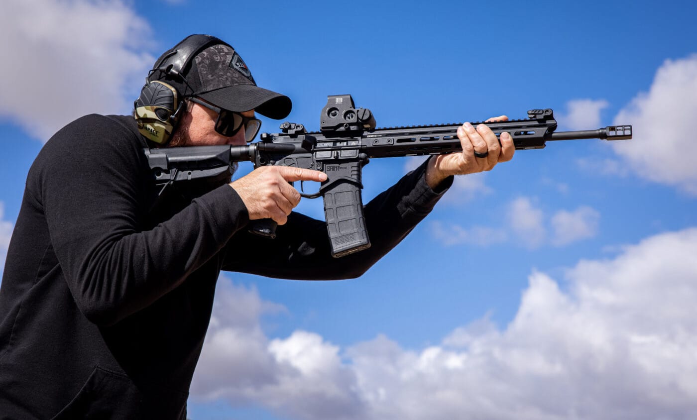 Man shooting a SAINT Edge rifle