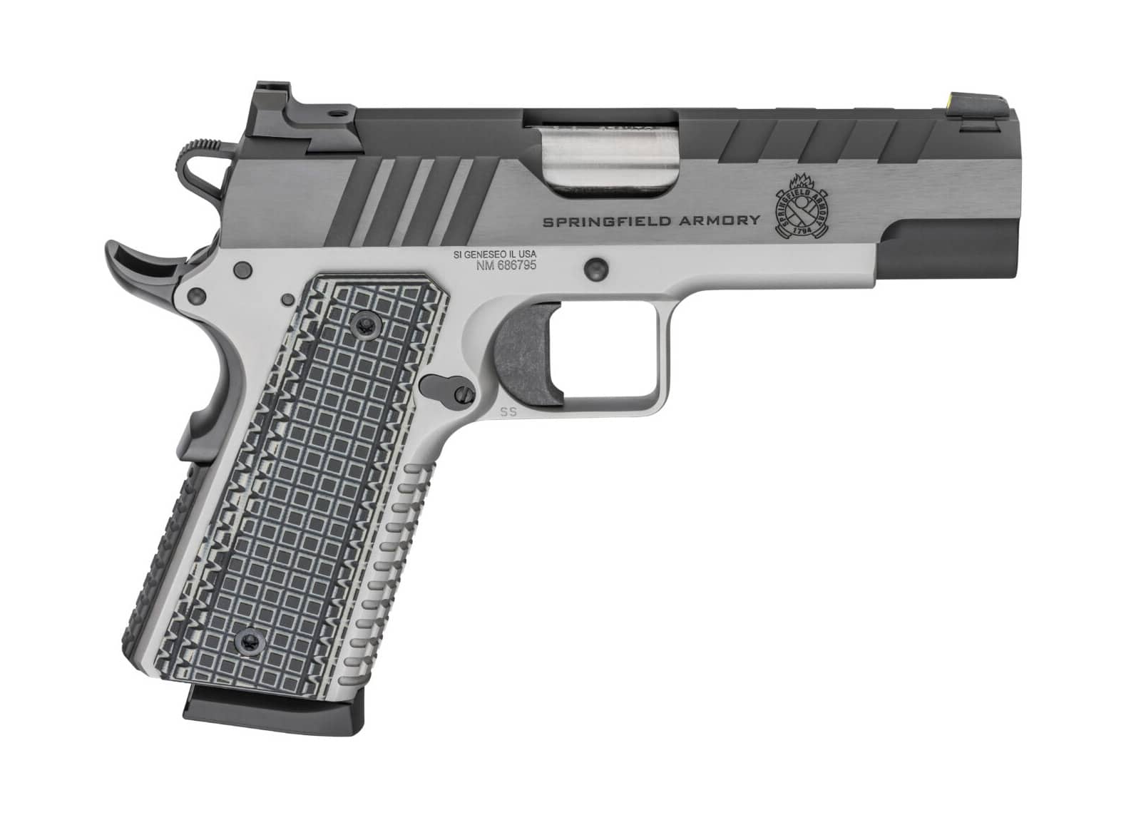 Right side view of Emissary 4.25" pistol in .45 ACP